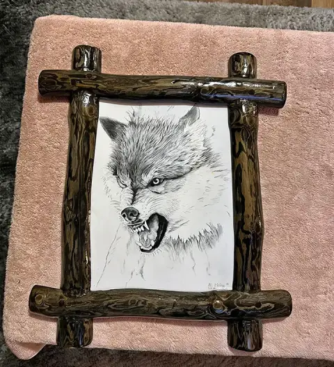 Rustic Wolf Portrait — Handcrafted Log Frame